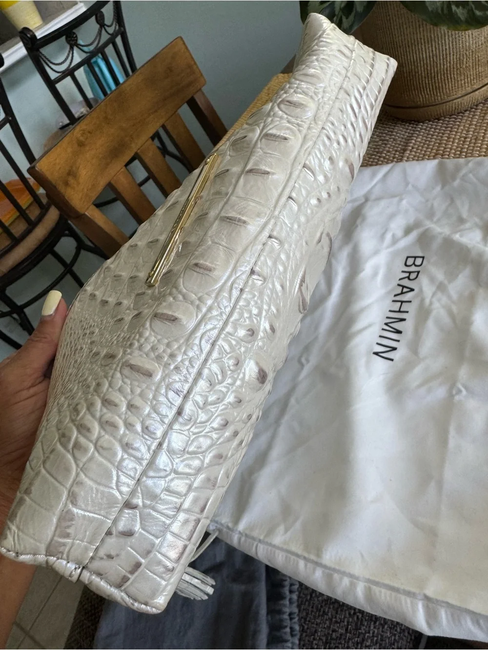 Brahmin White Croc-Embossed Leather Wristlet/ clutch bag